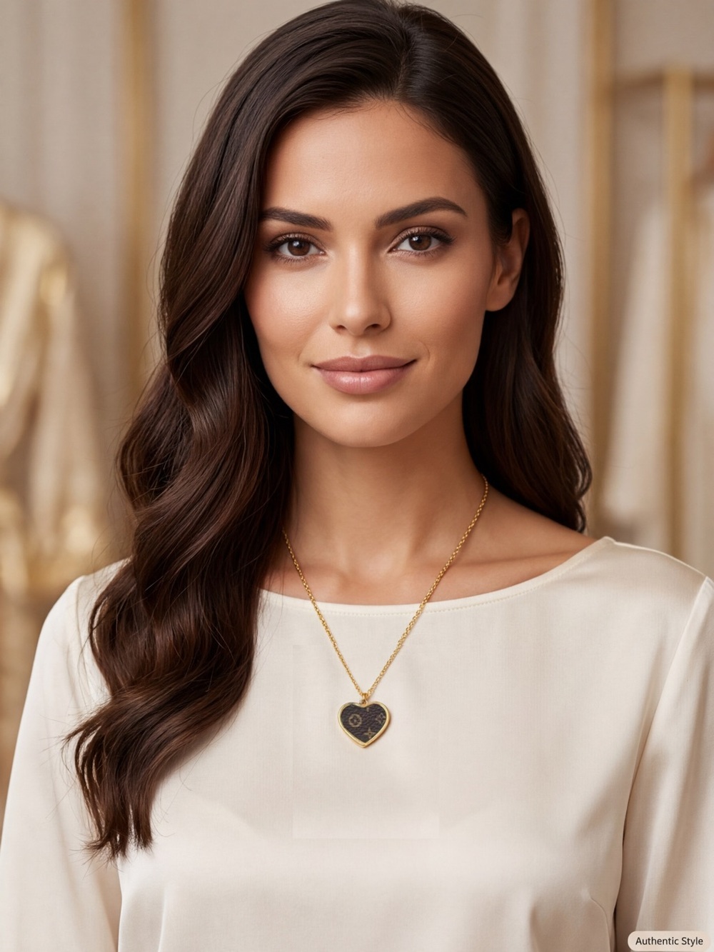 Gold-Tone Heart Pendant Necklace with Dark Brown Patterned Inlay